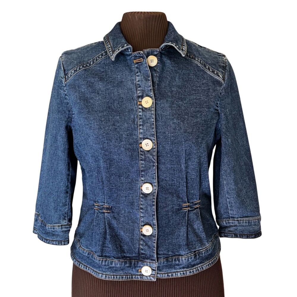 Coldwater Creek Button Front Fitted Denim Jacket 3/4 Sleeve Size 10 Petite